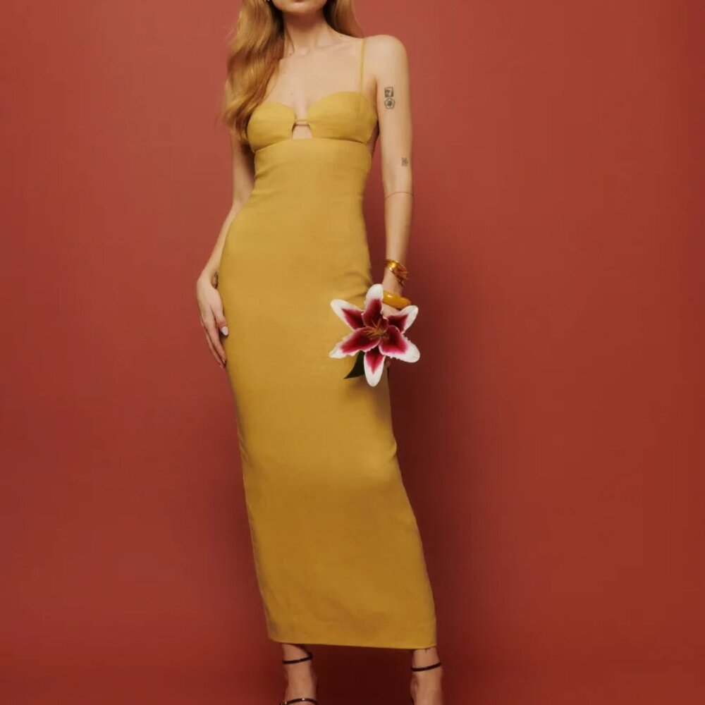 Reformation Malibu Linen Dress in Sunflower NWOT